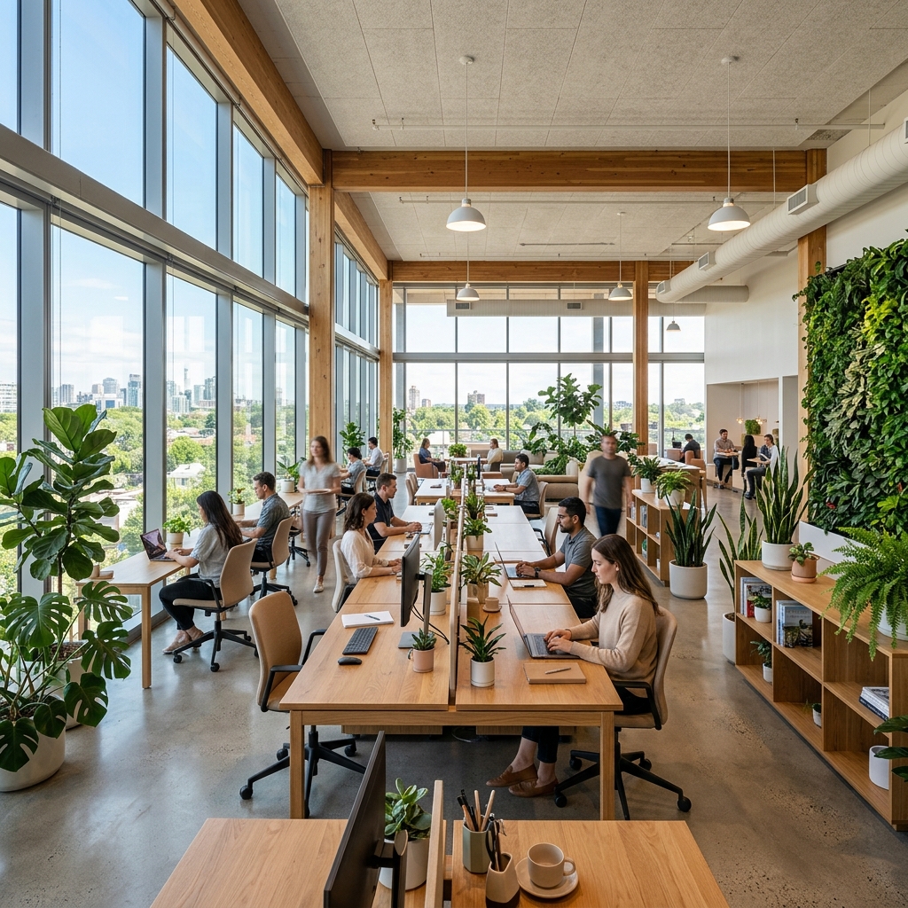 Modern workspace with natural light and greenery